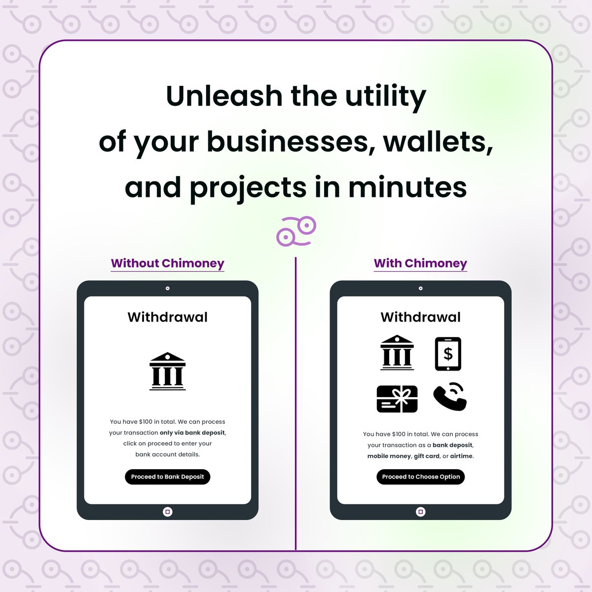 chimoney_io's tweet photo. Magnet more global freelancers, contributors and gamers to your platform. 😎 Integrate with #ChiConnect (Chimoney' super #API) and allow your users to receive the payment in a new form, instantly.
#GatewayAPI #ProcessingAPI #PaymentAPI https://t.co/iGqszs9vv4
