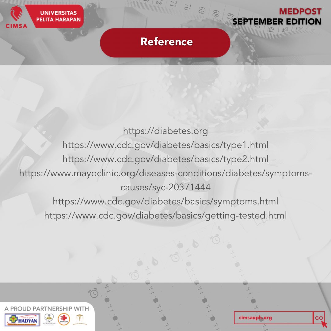 cimsa_uph's tweet photo. [Medpost - September]

Diabetes mellitus refers to a group of diseases that affect how the body uses blood sugar (glucose).

Let’s discuss more about diabetes by checking out the infographic post above!

CIMSA
Empowering Medical Students
Improving Nation’s Health https://t.co/hI07Fm6B91