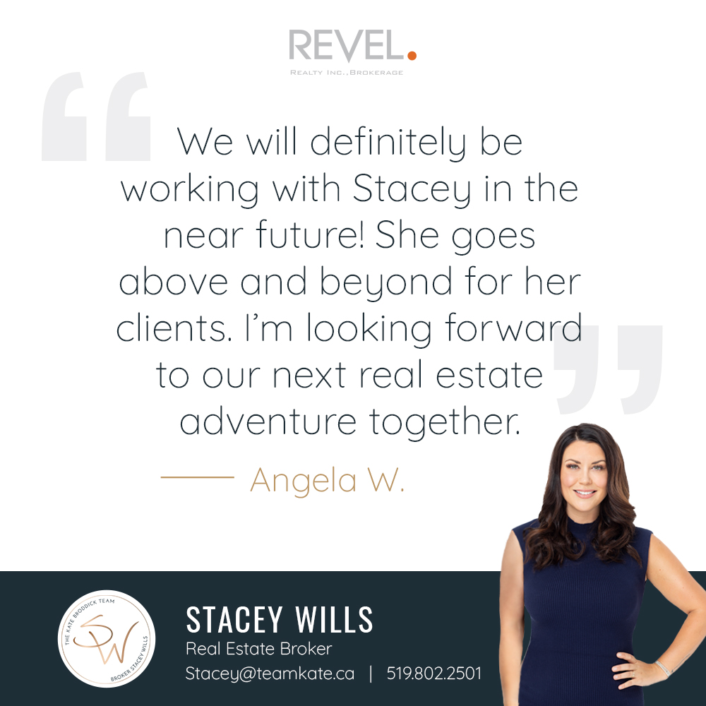 #ReviewOfTheMonth! We're so appreciative when clients leave us a review. Angela had some great stuff to say about her experience with #BrokerStacey. We're looking forward to it too! #RealEstate #Brantford #Simcoe 

Revel Realty Inc. - The Kate Broddick Team
Stacey Wills - Broker