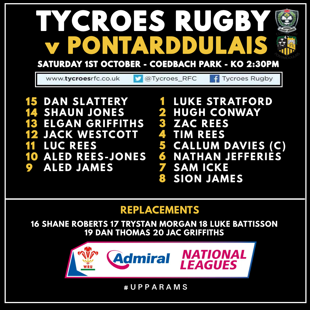 🚨 𝗧𝗘𝗔𝗠'𝗦 𝗨𝗣 🚨

Here's how we lineup for tomorrow's Admiral 2 West encounter against early league leaders Pontarddulais.

6️⃣ Changes from last weekend
💥 Elgan Griffiths &amp; Hugh Conway return
©️ Captain Callum Davies leads the side

#WeGoAgain #CmonBoys #UppaRams #Tycroes