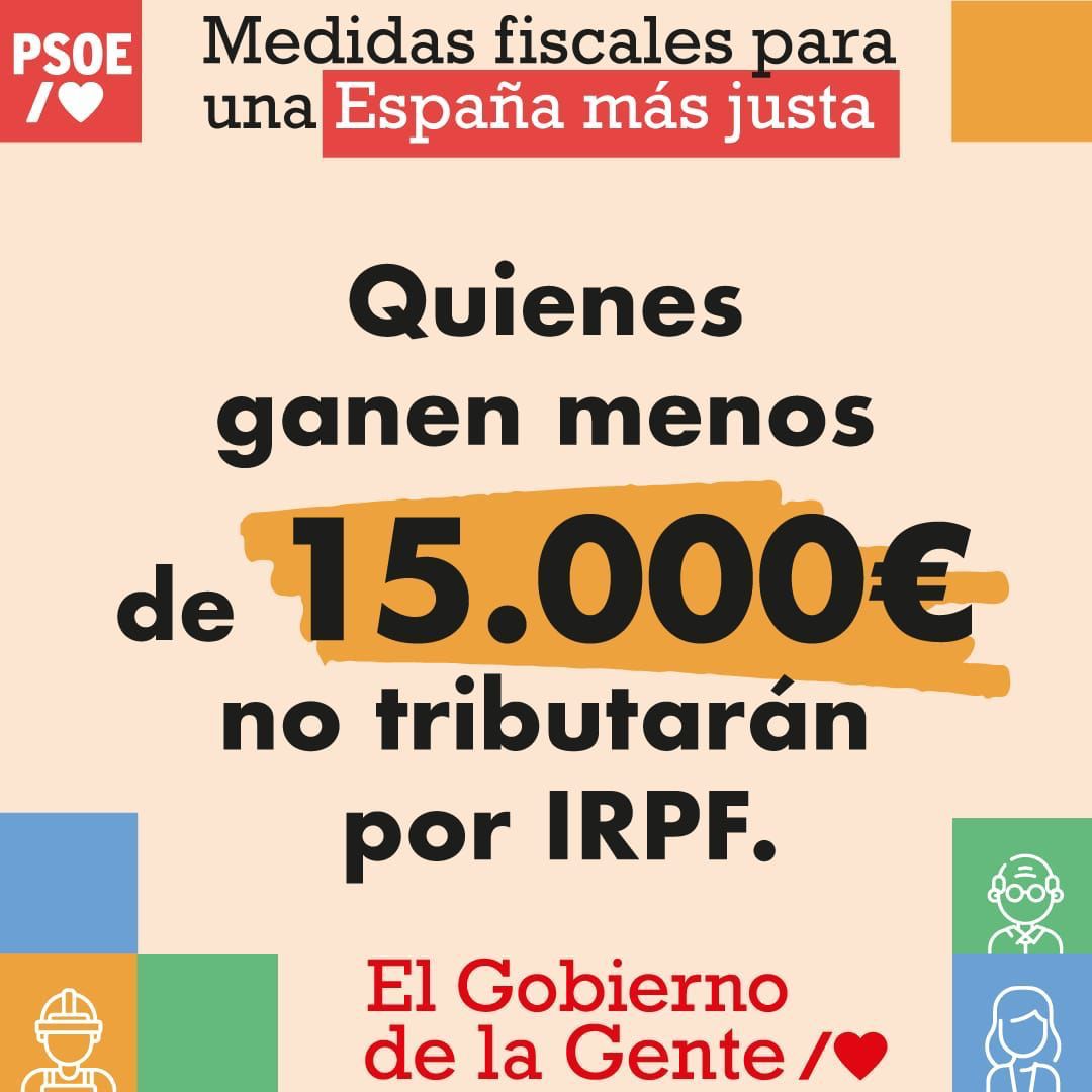 Un sistema fiscal más progresivo, eficiente y justo.

 👉🏽 Justicia social es igual a la justicia fiscal. 

👉🏽 Bajamos impuestos a clases medias y trabajadoras y a pymes.

👉🏽 Ampliamos a 15.000€ el mínimo para tributar.

#ElGobiernoDeLaGente