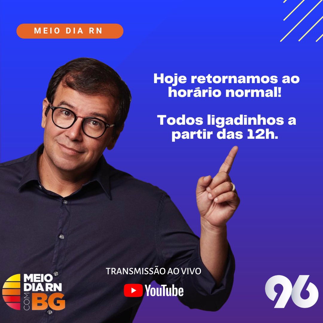 Programa hoje retorna ao horário normal, todos ligado a partir das 12h! 

Acompanhe o Meio-Dia RN no canal da 96 FM no YouTube ▶️ youtube.com/96fmnatal