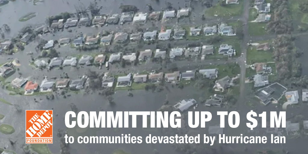 Our hearts go out to everyone impacted by Hurricane #Ian. We are committing up to $1 million for immediate response and long-term recovery from the devastating Category 4 storm: thd.co/HurricaneIan