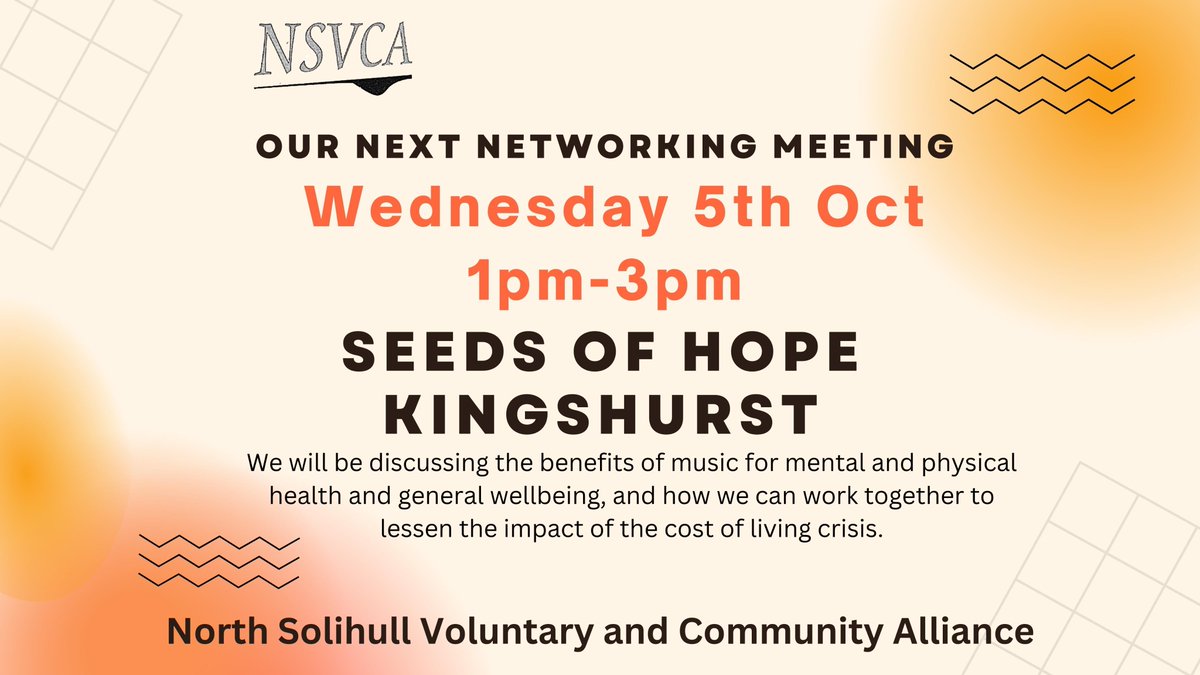 nsvca2's tweet photo. If you're a #NorthSolihull voluntary or community group, join us on Wednesday for our networking meeting. We'll be discussing how we can work together to lessen the impact of the cost-of-living crisis, and how we can utilise the benefits of music for wellbeing. https://t.co/S8RZ6SSA4W