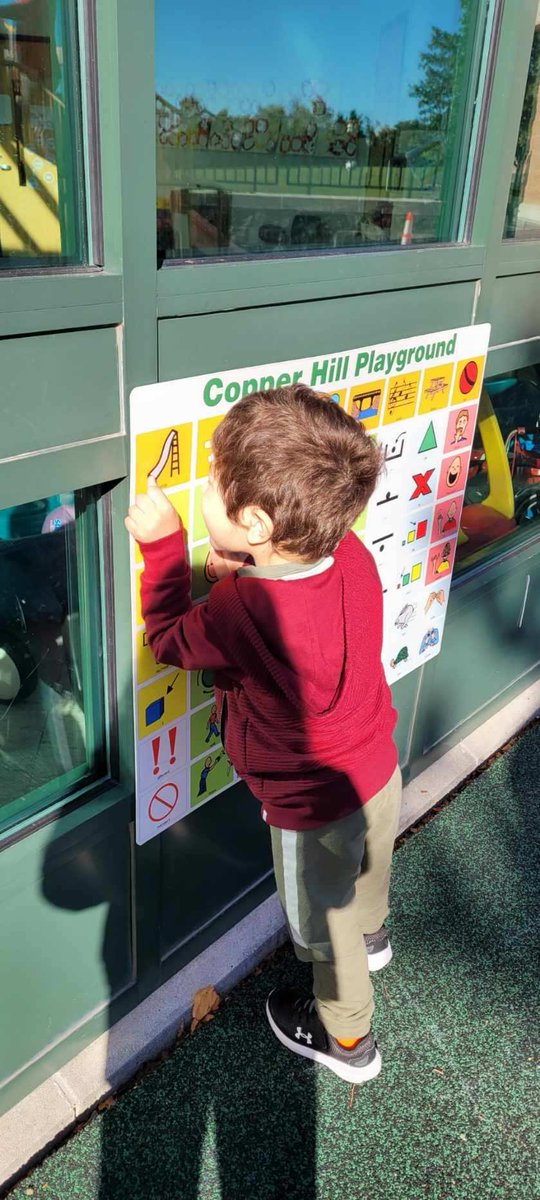 MissEricaTeach's tweet photo. This week our students started using the Core Language Board on our preschool playground to communicate. This student loved requesting to go down the slide! ✏️ https://t.co/FyWxWA9GaI