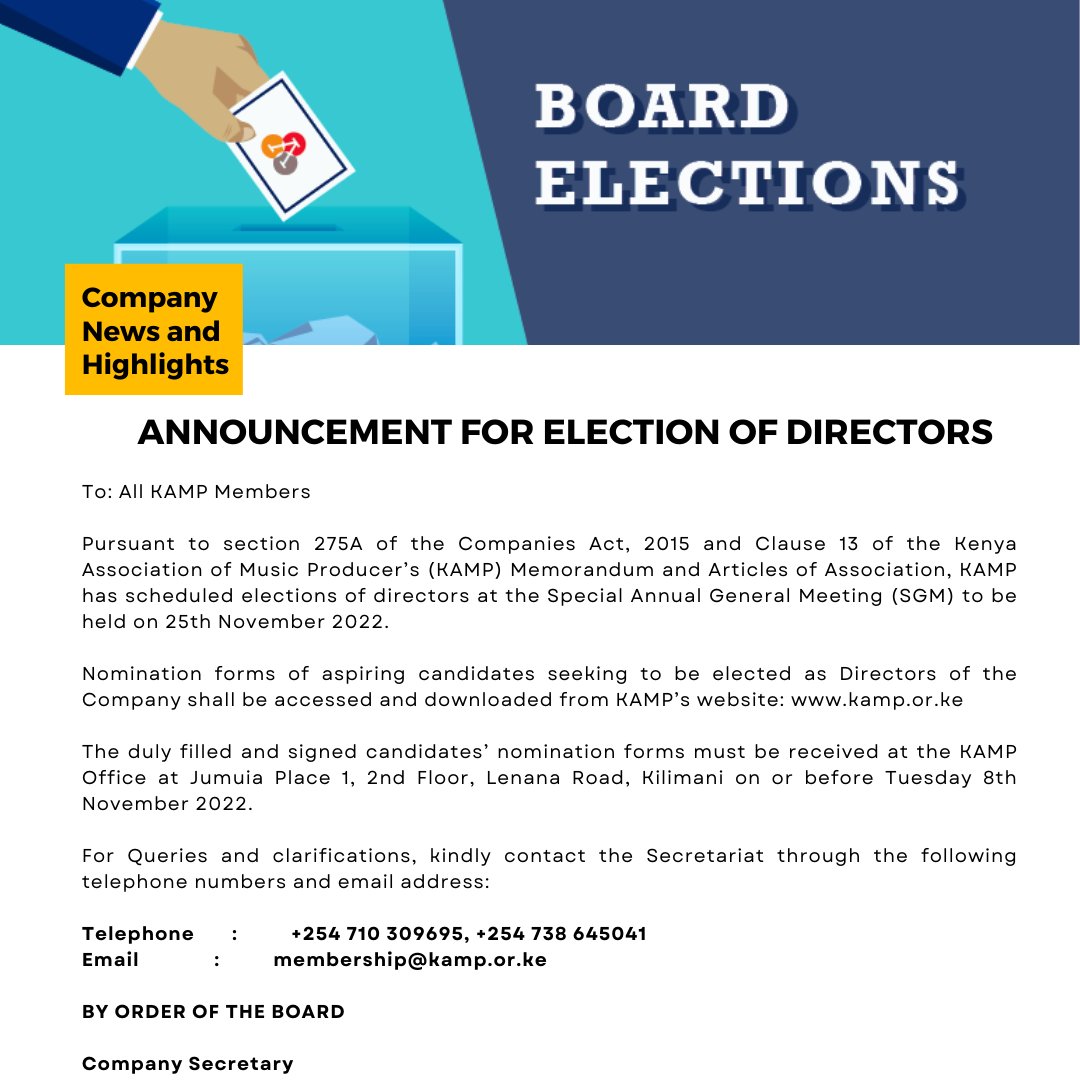 kampkenya's tweet photo. Pursuant to section 275A of the Companies’ Act, 2015 and Clause 13 KAMP MemoArts we are pleased to announce that KAMP has scheduled elections of directors at the Special Annual General Meeting (SGM) to be held on 25th November 2022. 
For more details visit https://t.co/6EbRStzRCZ https://t.co/l5TijVEsoz