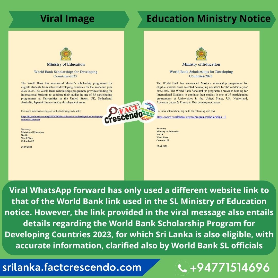 Clarification on the viral WhatsApp forward regarding World Bank Scholarship Program for Developing Countries 2023. To get informed on our latest fact checks join our WhatsApp group: bit.ly/3T29JVF @WorldBank #Scholarships2023 #FactCheck