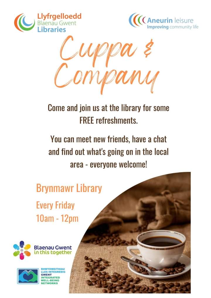 Aneurinleisure's tweet photo. To celebrate #LibrariesWeek we will be launching our new weekly Cuppa & Company sessions next week!
📅 Tues 4 Oct at Tredegar Library
📅 Fri 7 Oct at Brynmawr Library
Sessions are FREE & open to everyone from 10am - 12pm
#Welshlibraries #llyfrgelloeddcymru #livingwellinwales https://t.co/n5xR1ak4Nh