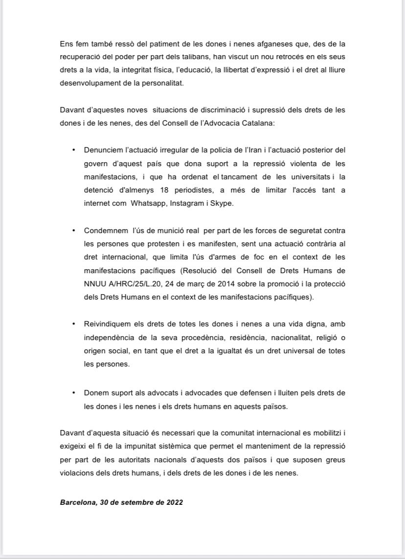 📑 ❌ Manifest del Consell de l’Advocacia Catalana de condemna per l’actuació dels governs iranià i afganès per la repressió exercida a les dones 🚺 🇮🇷🇦🇫

🔊 El podeu llegir aquí 💻📲⤵️
cicac.cat/?p=28107