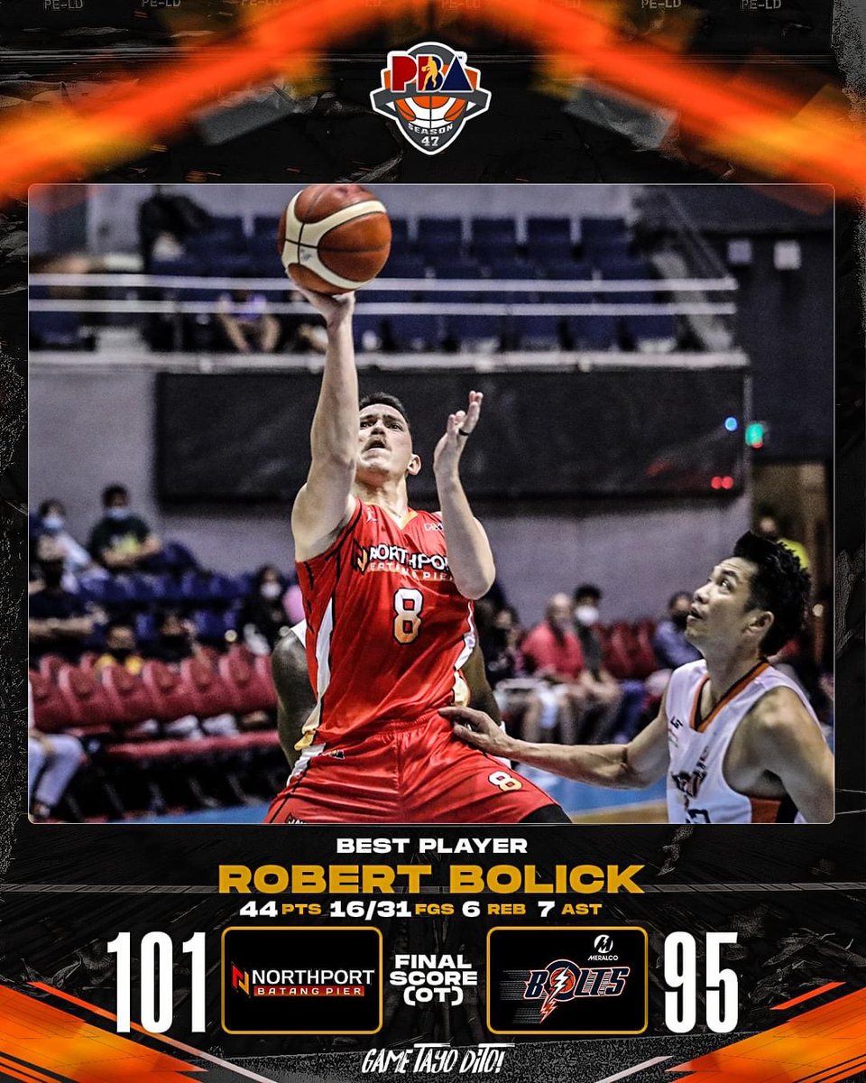 pbaconnect's tweet photo. NOT THIS TIME, says Berto! 

NorthPort steals the ballgame from Meralco in OT, 101-95.

Best Player: Robert Bolick 44 points (new career high), 16/31 FGs, 6 rebounds and 7 assists. 

#PBAGameTayoDito https://t.co/q7p9zzMOg5