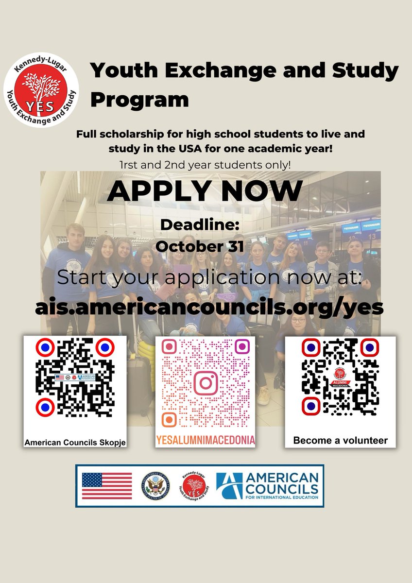 The Youth Exchange and Study (YES) program offers high school students from North Macedonia a chance to live with an American family and study at an American high school for a year--for free! For more details and to apply 👉 ais.americancouncils.org/yes