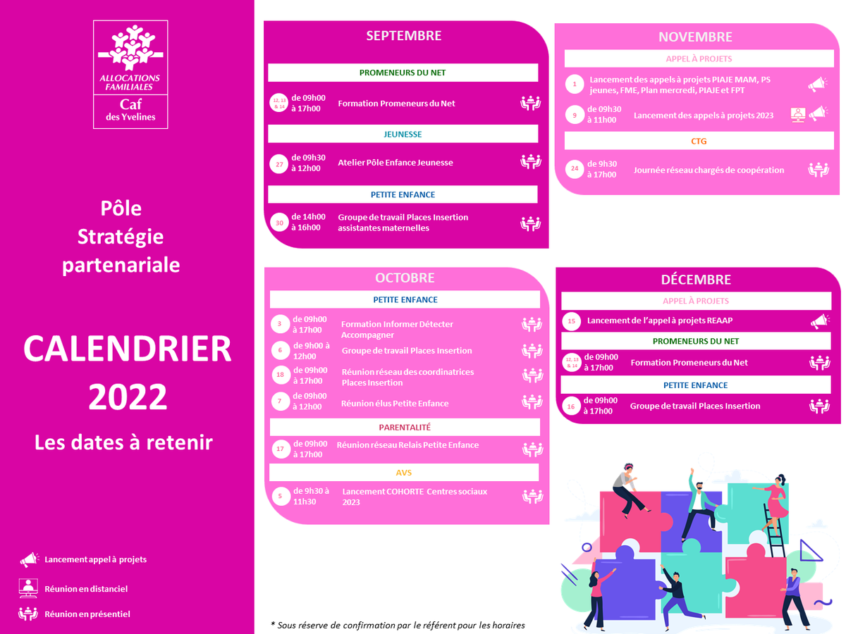 Caf_Yvelines's tweet photo. #OFFREDESERVICE La Caf des Yvelines met en œuvre de nombreuses actions pour soutenir les partenaires dans la réflexion et l'élaboration de projets à destination des familles yvelinoises.
Découvrez l'ensemble des actions prévues pour le 2nd semestre 2022 dans notre calendrier : https://t.co/JRxlNTpeK3