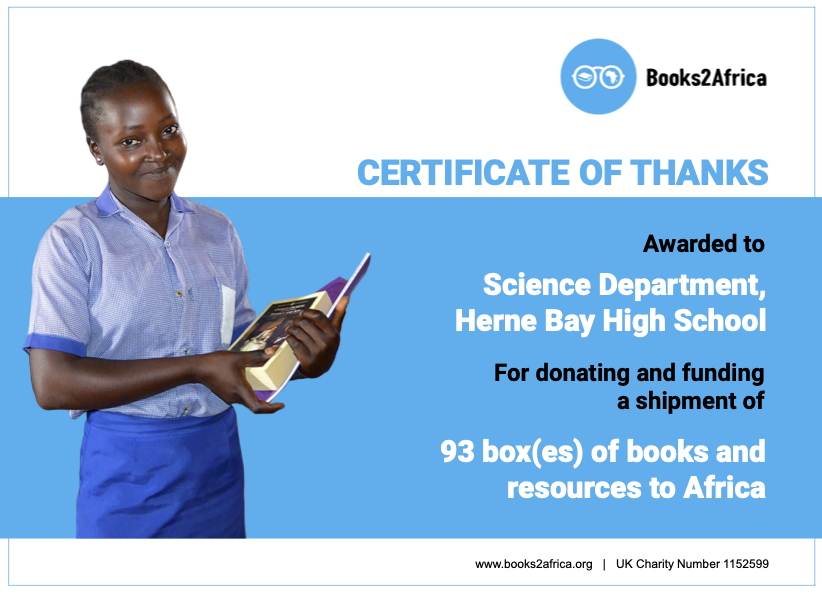 HerneBayHigh's tweet photo. Our wonderful Science department have donated over 90 boxes of old text books to @Books2Africa to help schools in Africa improve the quality of the education they offer and in turn improve the chances of their students to achieve similar goals in life to our own students. https://t.co/2UaHTcFI1n