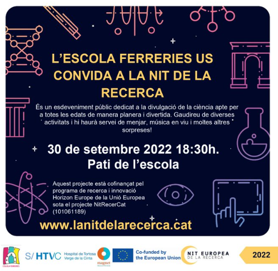 aliancesmagnet's tweet photo. L'@EscolaFerreries obre les seves portes per celebrar la Nit de la Recerca!🔎🌌 Hi haurà una conferència amb dos recercadors de l'Hospital de Tortosa Verge de la Cinta @icsebre i a més, serà una vesprada d'activitats per tota la família, música i servei de menjar i beure!🧲🎵🥂 https://t.co/5il1vwp2x8