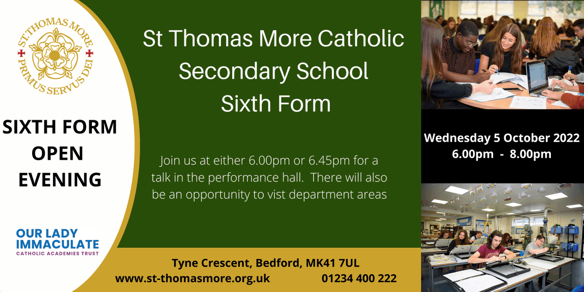 STMBedford's tweet photo. Join us for our Sixth Form Open Evening on Wednesday 5th October.  #sixthform #SixthFormOpenEvening @OlicatSchools https://t.co/TOxbkkNAgM