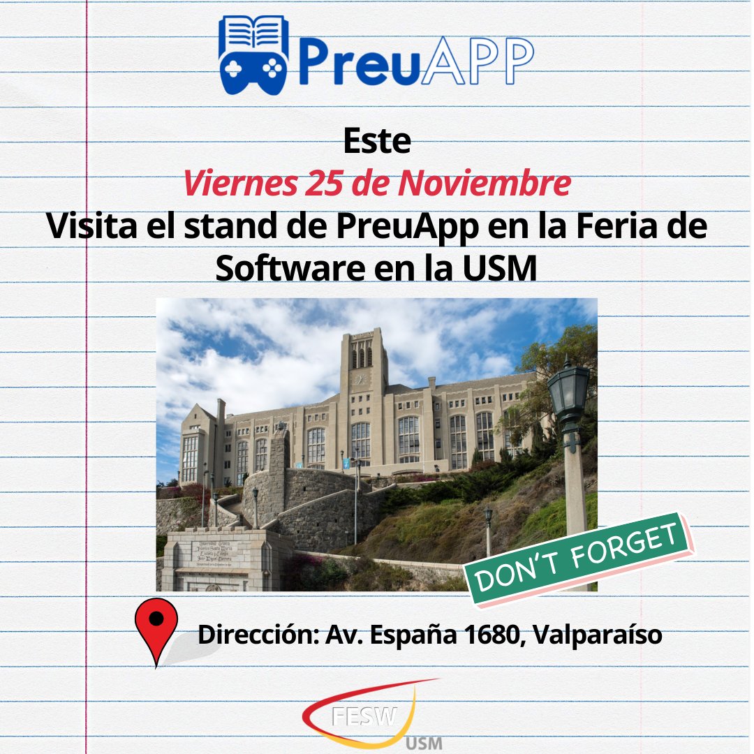 PreuApp's tweet photo. Este viernes 25 de Noviembre podrás disfrutar de el estreno de PreuApp en nuestro stand de Feria de Software en la Universidad Federico Santa María, anota la fecha en tu calendario 👈
#PreuApp #educacion #PAES #psu #FESW #FESW2022 #innovacion #utfsm #usm #di #preu #software https://t.co/sNAEhAPYZJ