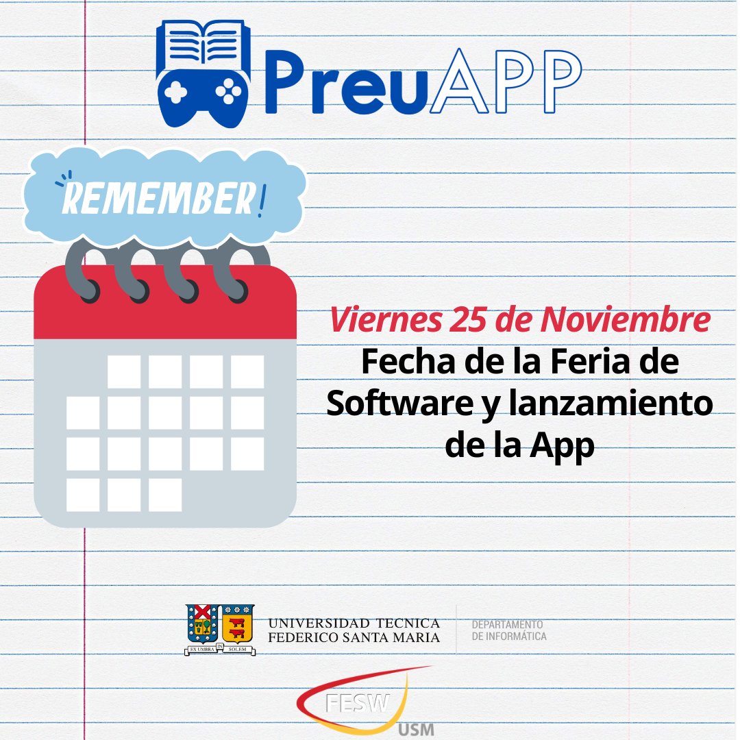 PreuApp's tweet photo. Este viernes 25 de Noviembre podrás disfrutar de el estreno de PreuApp en nuestro stand de Feria de Software en la Universidad Federico Santa María, anota la fecha en tu calendario 👈
#PreuApp #educacion #PAES #psu #FESW #FESW2022 #innovacion #utfsm #usm #di #preu #software https://t.co/sNAEhAPYZJ