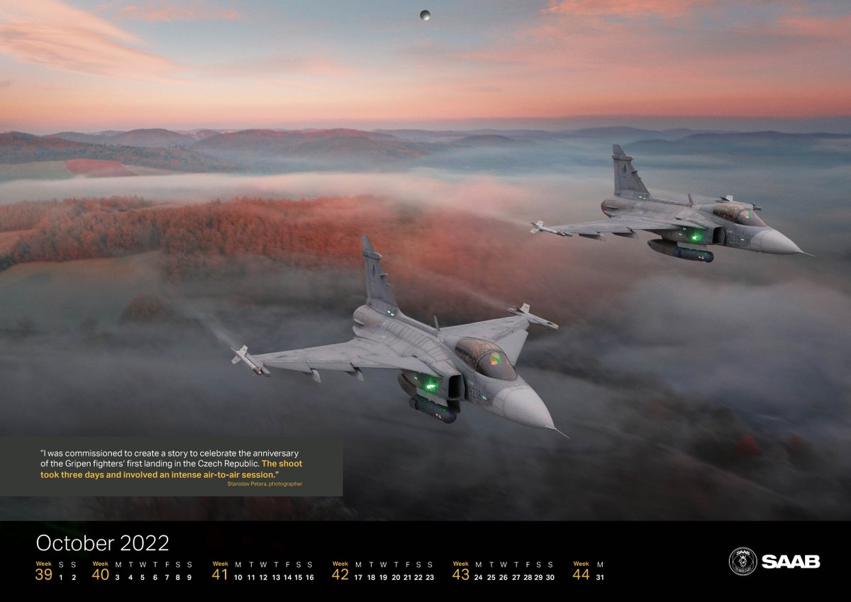 The Gripen calendar image of October proudly presents Gripen over the Czech countryside. Photo: Stanislav Petera. Download the image here: bit.ly/3feZyOC #airforce #aviation #military