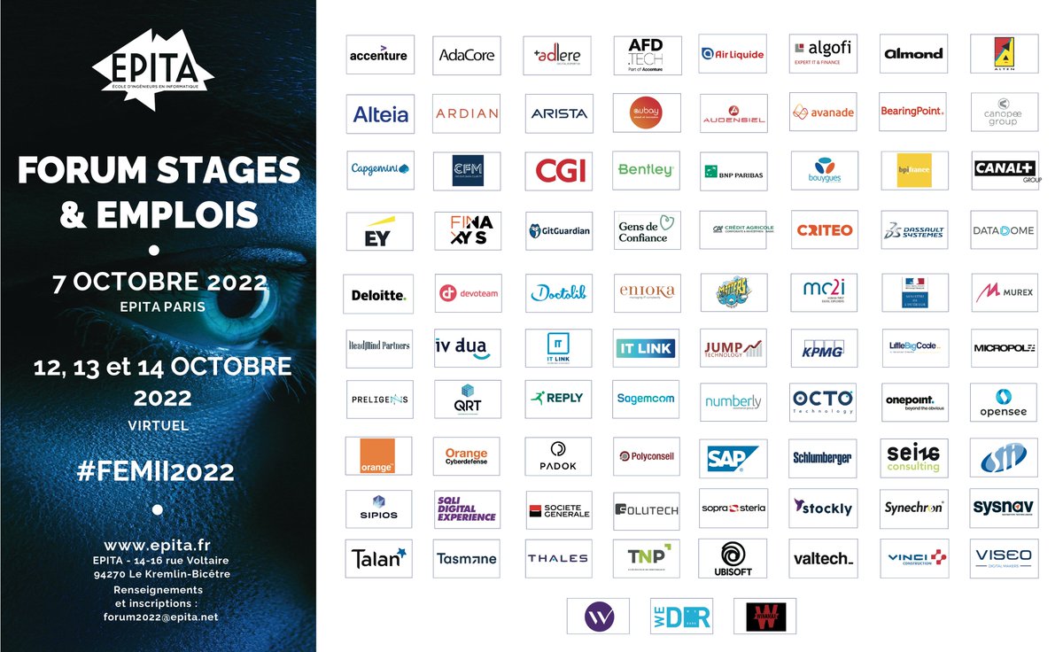 J-7 avant le Forum #Stages/#Emplois 2022 de <a href="/EPITA/">EPITA</a> : 
Merci aux 83 entreprises qui viennent rencontrer nos étudiants : en présentiel le 7 octobre, puis sur #Seekube la semaine suivante !
#entreprises #informatique #emplois #stages #numerique #FEMII2022