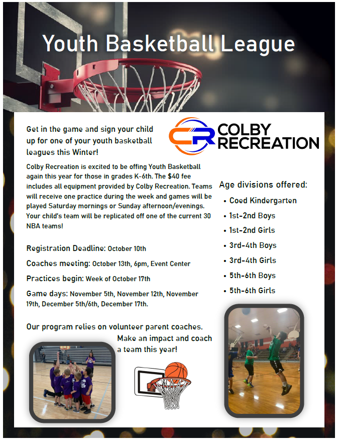 The registration deadline for our Youth Basketball League is already less than two weeks away! This year we will be offering leagues for grades Kindergarten - 6th. Call 785-460-4435 to get signed up or go online at  secure.rec1.com/KS/colby-ks/ca…