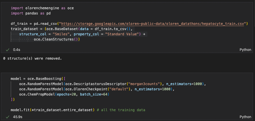 OlorenDatathon's tweet photo. Some sample code for the datathon! 

Here's an example base boosted model built with @OlorenChemEng in less than 10 lines of code. Feel free to copy it and submit: https://t.co/EhJto7rB0H https://t.co/QvmgI0yjZi