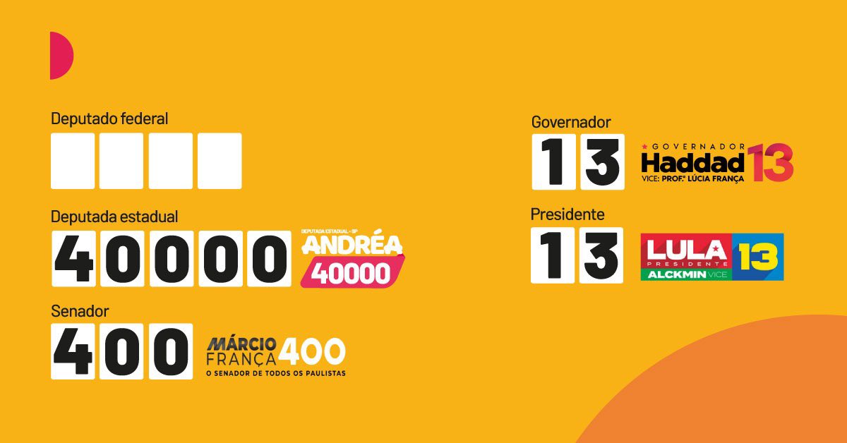 andreawerner_'s tweet image. Segue uma colinha já com meu número pra deputada estadual, @marciofrancasp pra senador, @Haddad_Fernando governador e @LulaOficial presidente. Queria saber com que número vocês vão preencher ali em deputado/a federal 👀