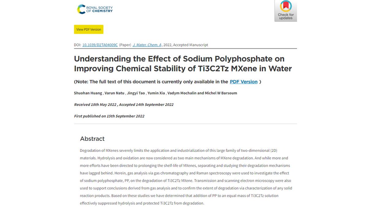 In a paper published by Journal of Materials Chemistry A, we use our knowledge of #MXene chemical reactivity to separate and suppress hydrolysis and oxidation of #MXenes in water: pubs.rsc.org/en/content/art…
Thanks to <a href="/Shuohan_Huang/">Shuohan Huang</a> and Michel Barsoum!

<a href="/sandtChemistry/">Missouri S&T Chemistry</a> <a href="/MissouriSandT/">Missouri S&T</a>