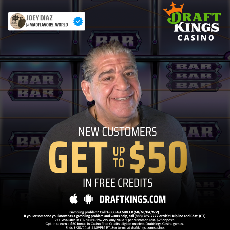 DKCasino's tweet photo. Join @madflavor on his favorite Casino app with the top games to choose from. New customers get up to $50 in FREE CREDITS! 🤑💰