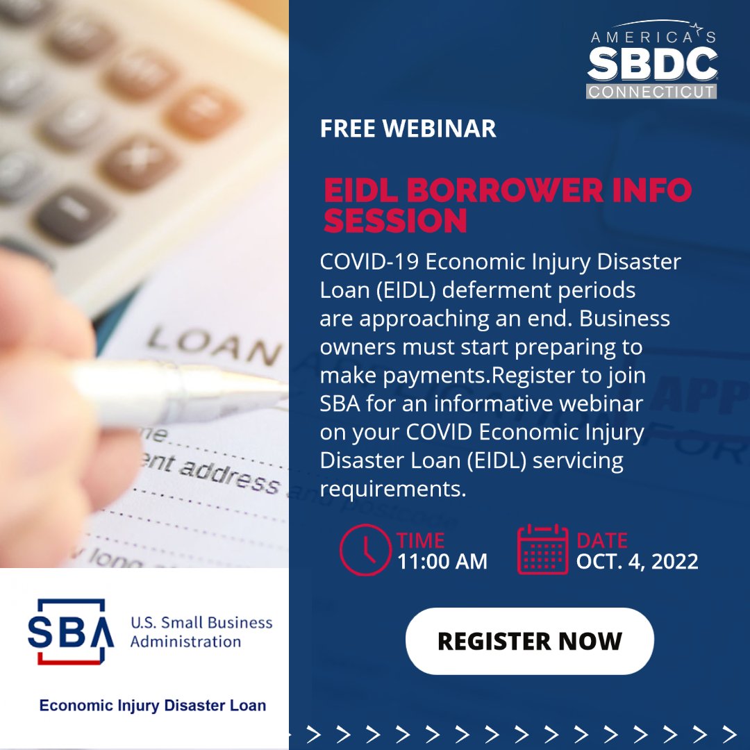ctsbdc's tweet image. COVID-19 Economic Injury Disaster Loan (#EIDL) #deferment periods are approaching an end &amp;amp; business owners must start preparing to make #payments. Join us in this #freewebinar led by the @SBA_Connecticut District Office to learn how to get properly setup. 
ow.ly/iQTH50KROoI