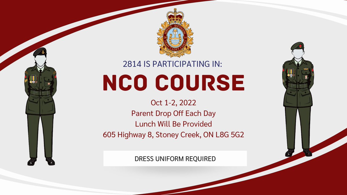 2814RCACC's tweet photo. Message of the Week - Week 4 - https://t.co/nWmIQDwWry

This week:
Oct 1 &amp; 2 - Multi Unit NCM Course - Full Dress Uniform 
For MCpls and Above
Oct 3 - COs Parade, Third Period
October 10 - No Cadets 

Oct 14-16 - Multi Unit FTX https://t.co/x59LBX6IxR