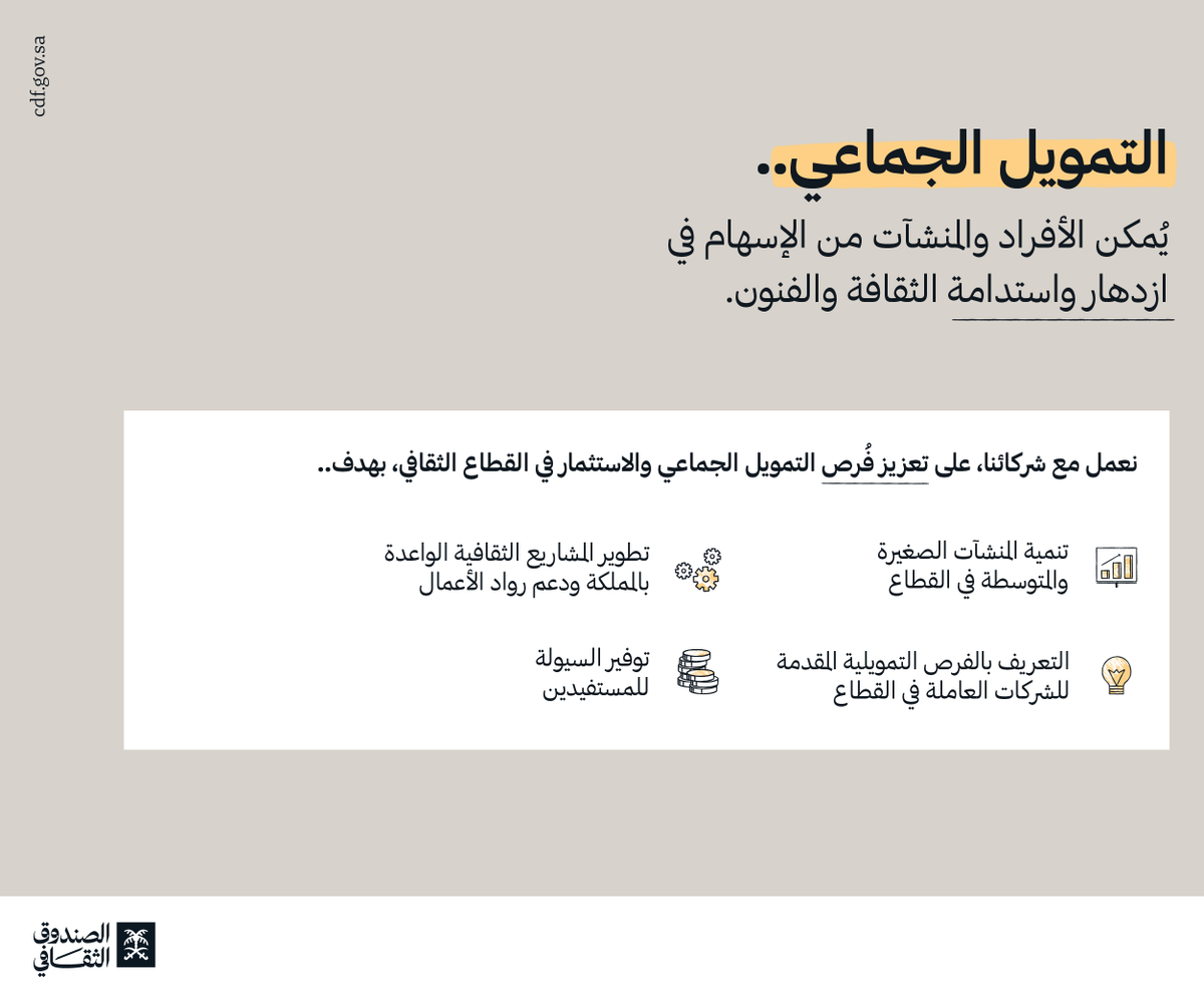 cdf_sa's tweet image. يسعى #الصندوق_الثقافي بشراكته مع منافع @Manafa_co، إلى تعزيز بيئة استثمارية مميزة في القطاع الثقافي، وإتاحة فرص #التمويل_الجماعي للمشاريع الثقافية، من خلال إشراك الأفراد والمنشآت في النهوض بقطاع ثقافي ممكّن ومستدام.

#لصناع_الثقافة