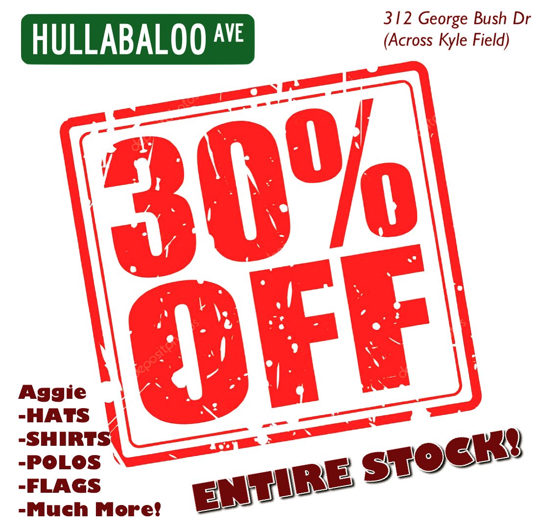 TODAY ONLY! Mention our post for 30% Off entire purchase! 🤩🎉
•
•
Thank you for your patience as we go back to our normal business hours! #Gigem #Aggies 👍🏼