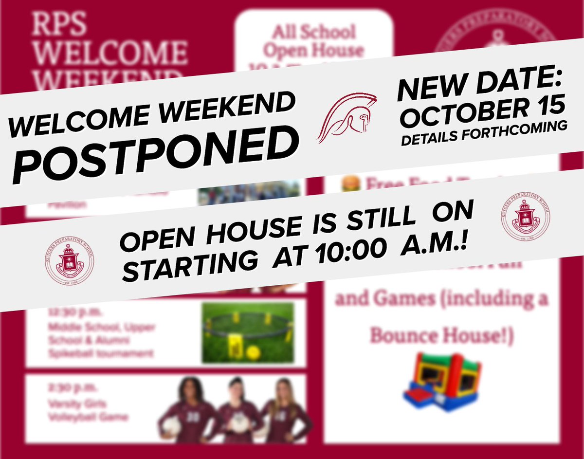 Due to tomorrow's weather, Welcome Weekend is postponed until 10/15. We'll share more info. soon. The Open House, however, is still on! So if you've registered for tomorrow's Admission Event, grab your ☂️, throw on your 👢 or 🥾, and gear up for an amazing morning!