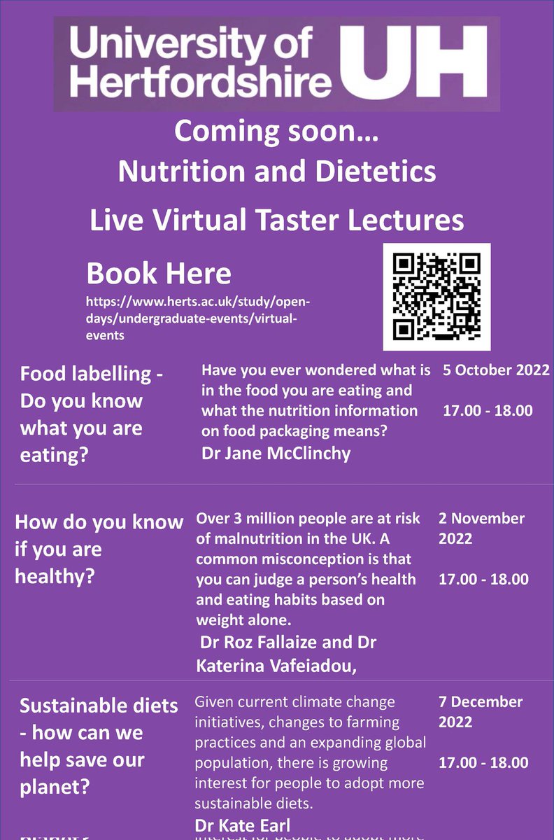 Join @UHertsNutrition and Dietetics live virtual taster! Lectures starting next week! <a href="/uniofhertslms/">Uni of Herts LMS</a> <a href="/UniofHerts/">University of Hertfordshire</a> <a href="/amdickinson1/">Angela dickinson 🌹</a> <a href="/Wendy_J_Wills/">Professor Wendy Wills</a>