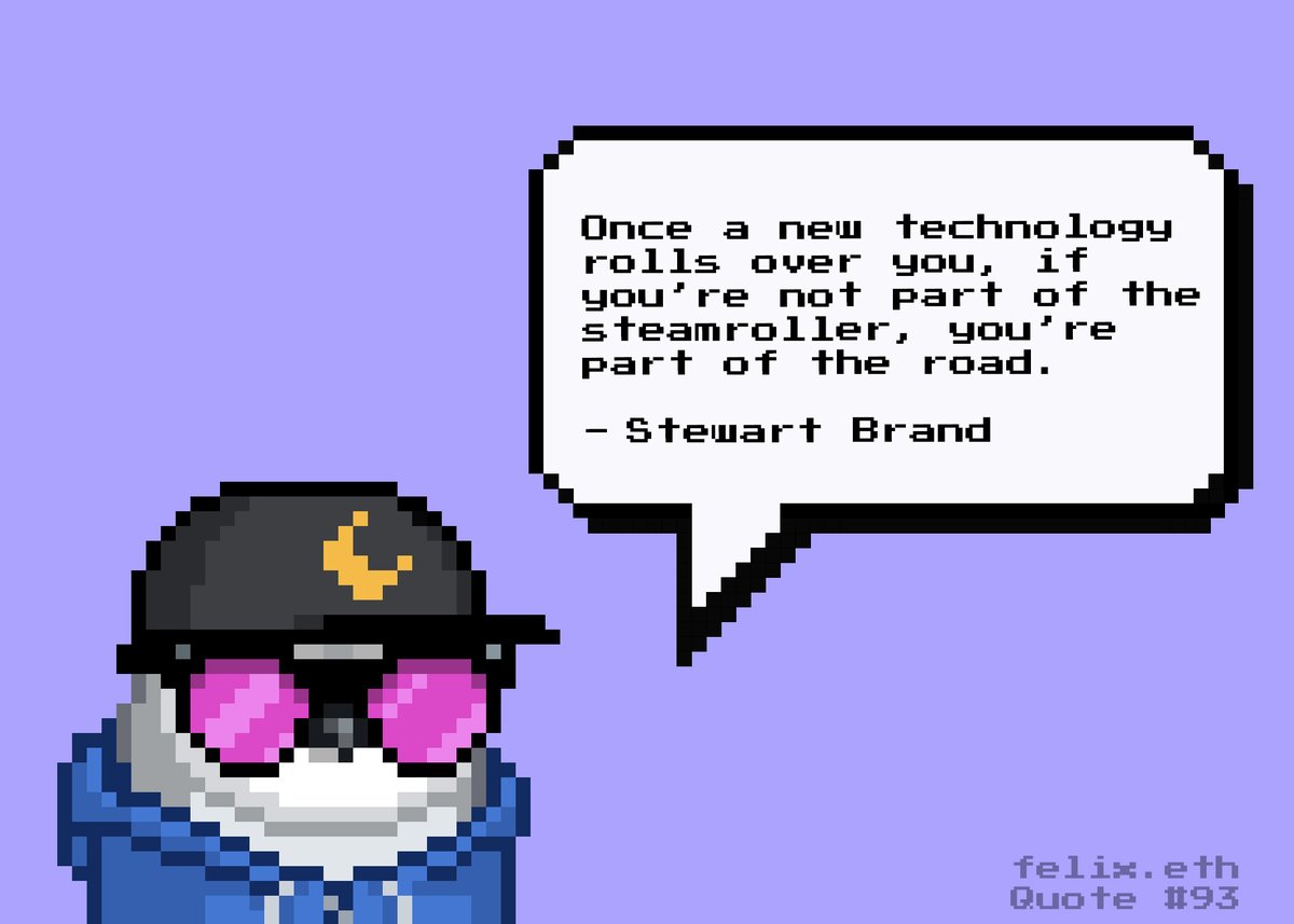 TheFelix's tweet photo. Day #93
Get onboard!
@stewartbrand is an American writer, best known as editor of the Whole Earth Catalog. He founded several organizations, including The WELL, the Global Business Network & the Long Now Foundation. He is also the author of several books.
#wisebird https://t.co/FCaI0lHVus