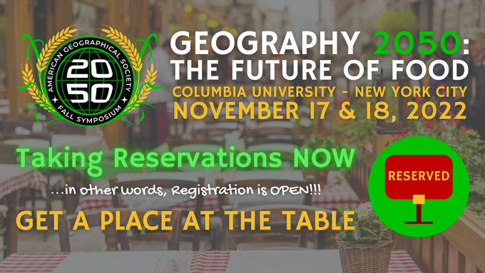 theAAG's tweet photo. Nov 17-18, join @AmericanGeo in-person at @Columbia U. in NYC for the 9th annual Fall Symposium, #Geography2050. The Future of Food explores how geography and geospatial tech will affect and transform global food systems.
Register for @Geography2050 at https://t.co/Bu8cBepbJI https://t.co/m08CuAfozh