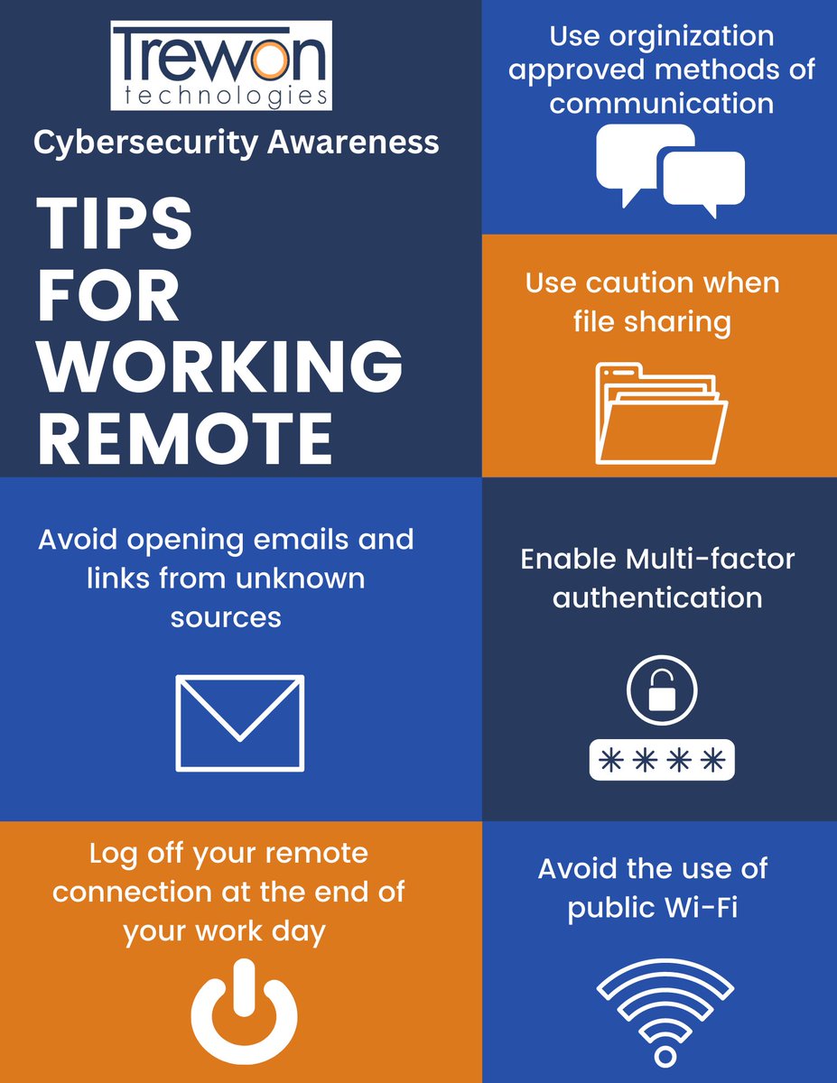TrewonTech's tweet image. Did you know that October is Cybersecurity Awareness Month?
Here are some tips from our experts for safe practices when working remote. 
#becybersmart #remotework #telework #cybersecurityawarness #cybersecurityawarenessmonth