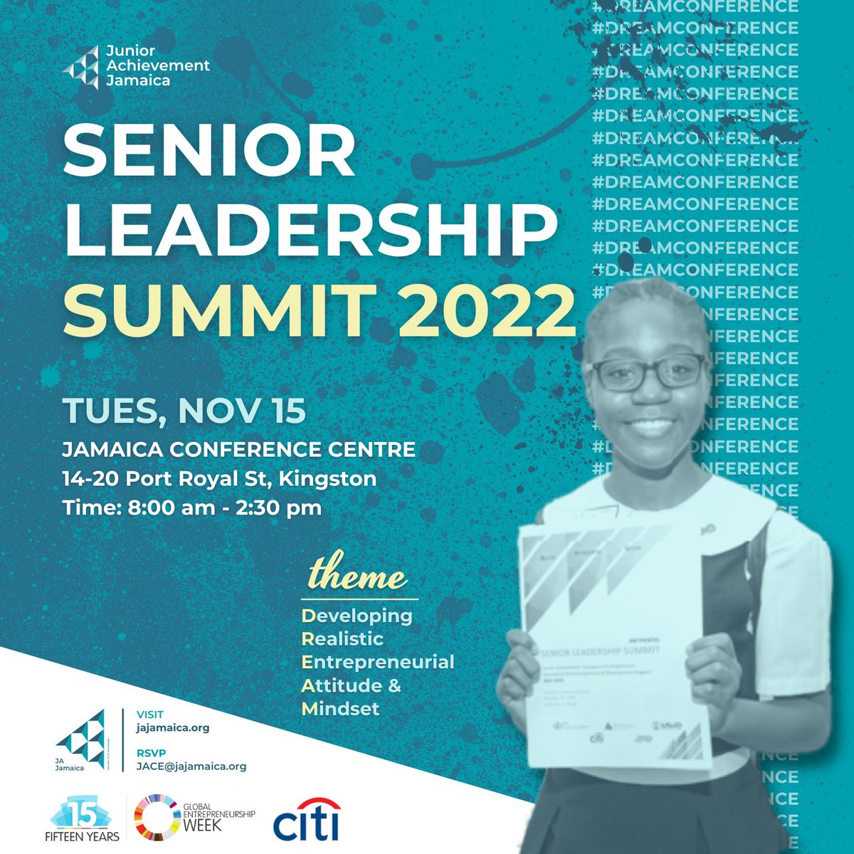 jaofjamaica's tweet photo. JACE will be hosting hundreds of budding Grade 9 student entrepreneurs on November 15, 2022 at the Jamaican Conference Centre for the Senior Leaders Summit.
#DreamConference #JamaicanYouth #Jamaica #JamaicanStudents @Citi @unleashingideas https://t.co/VNLT2nICwI