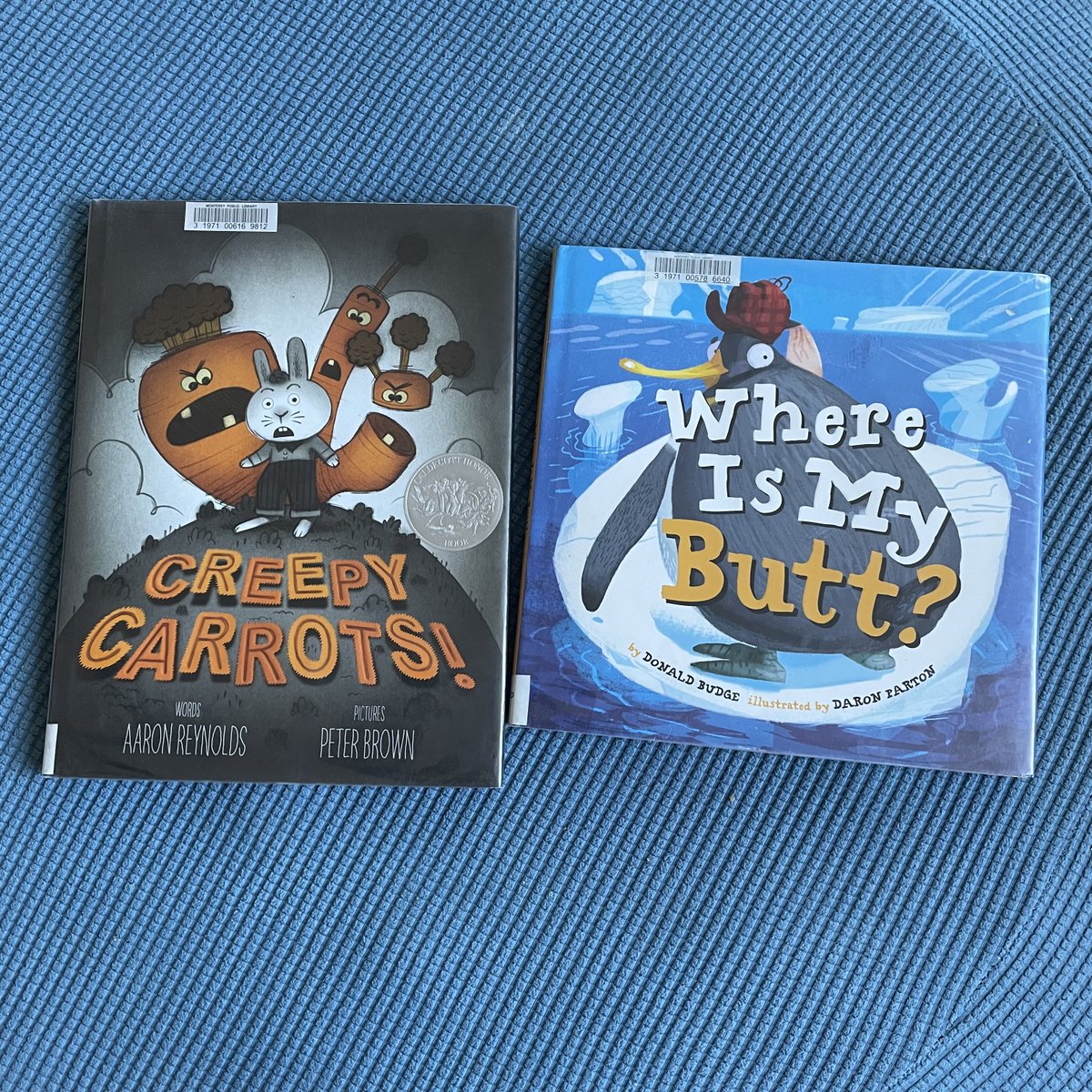 LisaMarieNewton's tweet photo. Today's 1st grade #librarystorytime selections:
1. Where Is My Butt? by @TheDonaldBudge. Illustrated by Daron Parton.
2. Creepy Carrots by @areynoldsbooks. Illustrated by @itspeterbrown
Kids gave both books 2 thumbs up!
#schoollibraries
#schoollibrarian
#libraryvolunteer https://t.co/SD2vHypehw