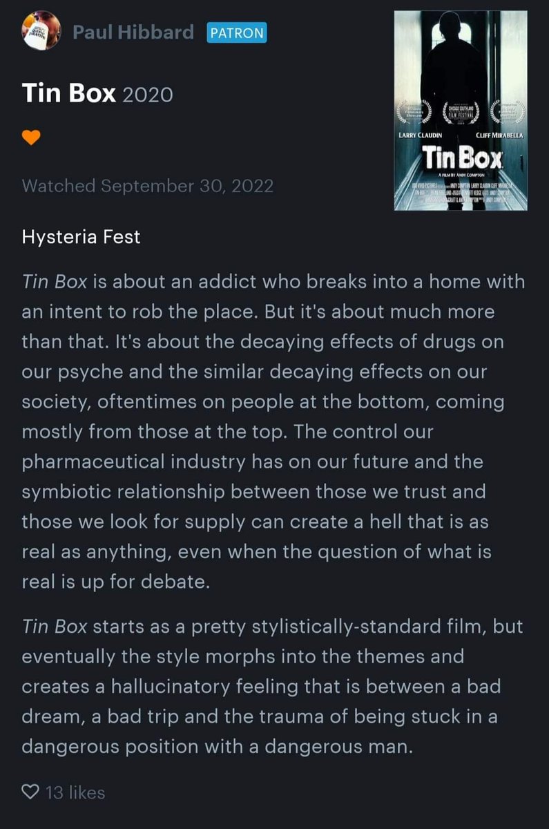 andycompton_'s tweet photo. Damn! High praise from filmmaker and founder of Hysteria Fest, a St. Louis horror festival. Paul definitely got what we were going for with @TinBoxMovie. I believe both Hysteria Fest screenings are sold out but we'll be back on YouTube 10/23! https://t.co/KsE08ji0rX