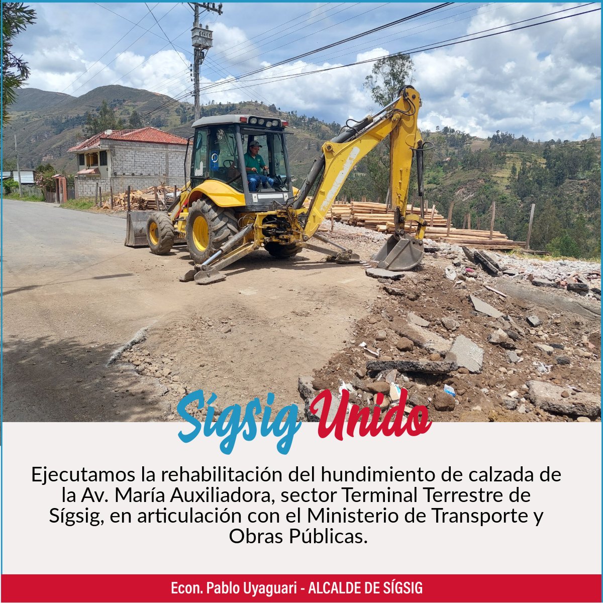 GADSigsig's tweet photo. 🚧 #VIALIDAD | Ejecutamos la rehabilitación del hundimiento de calzada de la Av. María Auxiliadora, sector Terminal Terrestre de Sígsig, en articulación con @ObrasPublicasEc 
@tomebamba @elmercurioec @complicefm @PRENSAVirtual_ @_REDInformativa https://t.co/PeUiHqoXAz