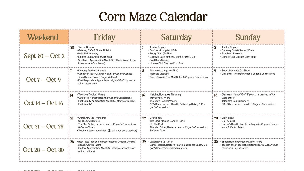 CreekSeed's tweet photo. Opening day of our 2022 Corn Maze is today! Here's a look at our schedule! Join us for food, activities, and fun! Starts at 4PM today. https://t.co/xAtrA1VbpA