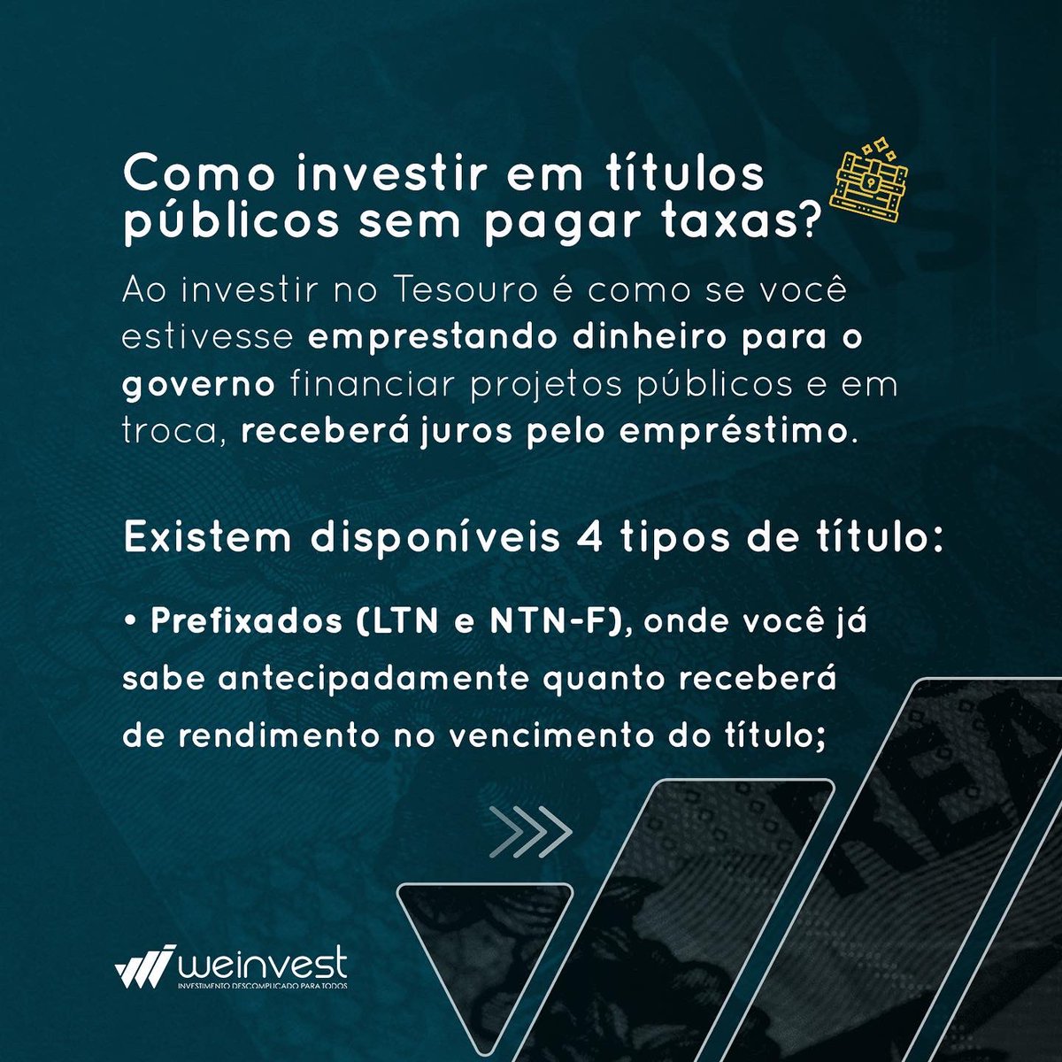 WeInvestDigital's tweet photo. 💸 Você sabe como investir em títulos públicos sem pagar taxas?

👉 Trouxemos no post de hoje os 4 tipos disponíveis para você poder investir. Arrasta pro lado! https://t.co/0KyK6wKQMK