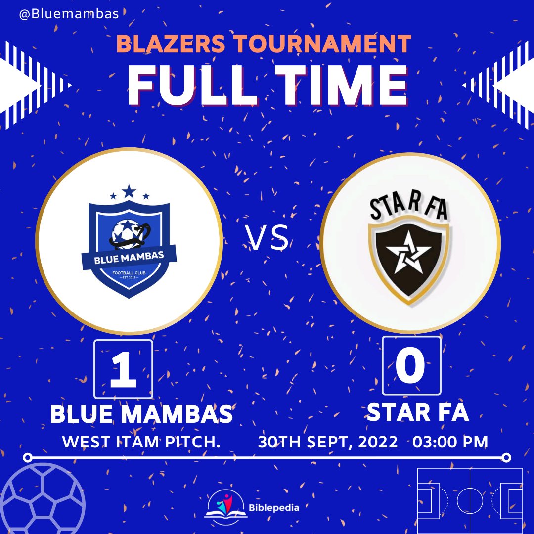 BlueMambasFC's tweet photo. FT: Blue mambas 1 vs 0 Star FA

We take the 3 points!
Over to next week Friday against GYM football club💙⚔️

#vamosmambas💙⚔️ https://t.co/WRaAO6DI4Q