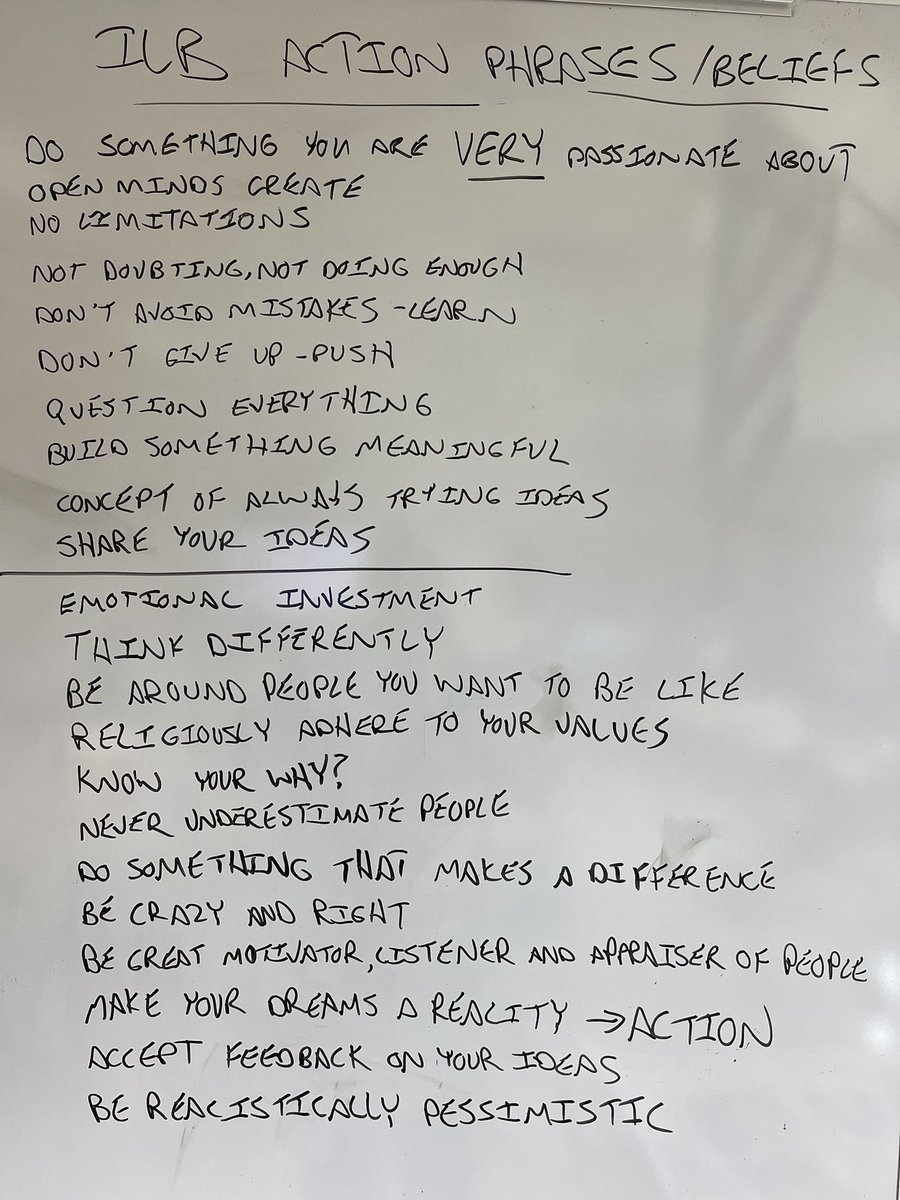 TheCoachRich's tweet photo. We watched a YouTube video that showcased the beliefs of 50 entrepreneurs &amp; wrote down our favs. 

They will stay on the board all year &amp; as a class we will support &amp; hold each other accountable to our ideas, beliefs, actions &amp; progress.

Consider it our class rules. https://t.co/3VRpc1EO1O