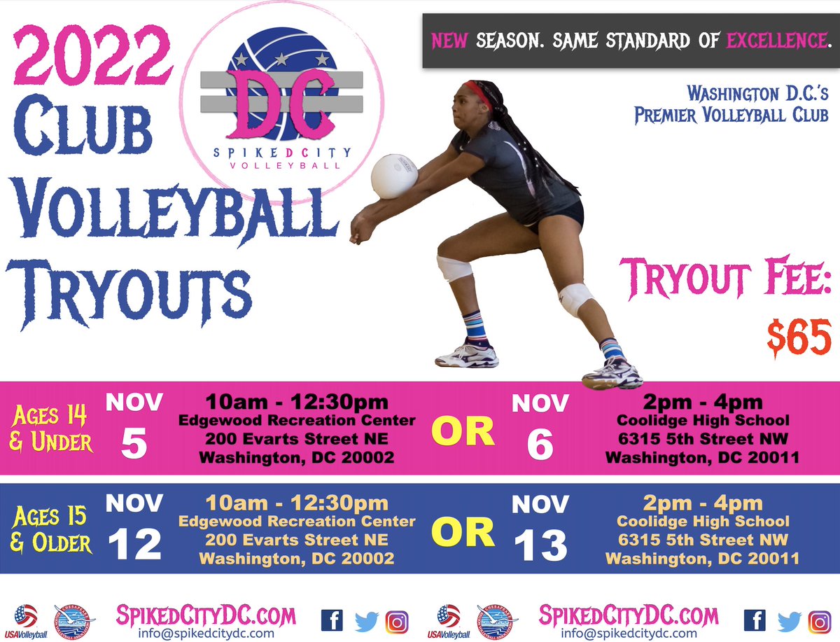 SpikedCityDC's tweet photo. Tryouts are here! Register today!
Please see the attached flyer for full details. Online registration is now available at https://t.co/fJC7qkKa3n.
Register today!: https://t.co/qKBotU5LY8 https://t.co/sylYTWvJI4