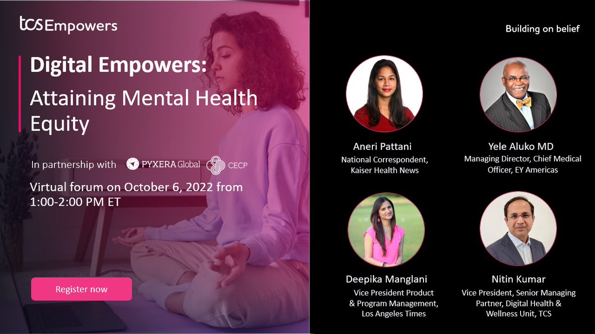 #Tech is a key accelerator of #mentalhealth access + equity. Learn why in our upcoming #DigitalEmpowersUS panel featuring <a href="/AneriPattani/">Aneri Pattani</a> of <a href="/KHNews/">Kaiser Health News</a>, Deepika Manglani of the <a href="/LATimes/">Los Angeles Times</a>, <a href="/EY_Health/">EY Health Sciences and Wellness</a>'s <a href="/yaluko/">Dr. Yele Aluko</a>, and our <a href="/NitinKumar_97/">Nitin Kumar</a>. Register here: on.tcs.com/DE_HealthEquity #HealthEquity