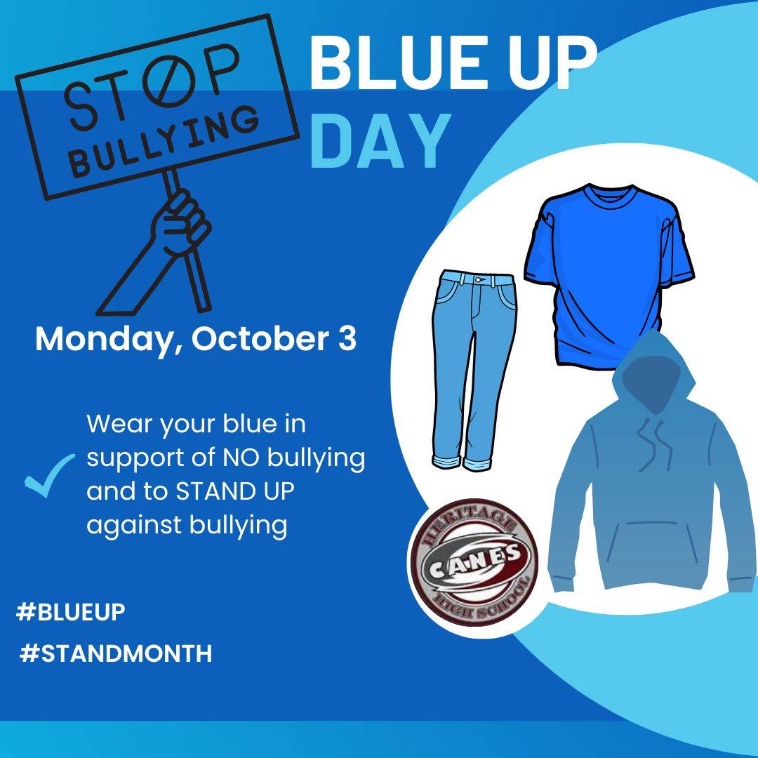 HeritageHS's tweet photo. Heritage turns BLUE on Monday, October 3rd to STAND UP Against Bullying.  
#OnAMission #HHSStand #BlueUp https://t.co/XTBqBu8g3G