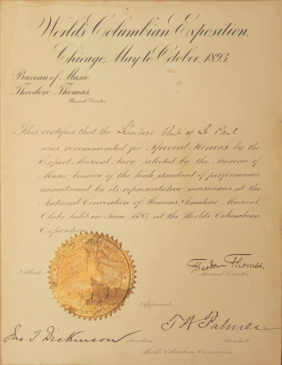 In 1893, Schubert Club’s “Ladies Chorus Class,” directed by organist and composer Samuel Atkinson Baldwin, competed in a vocal competition at the World’s Exposition Columbian in Chicago, and took home the gold (or diploma, rather). 
#musichistory #worldscolumbianexposition