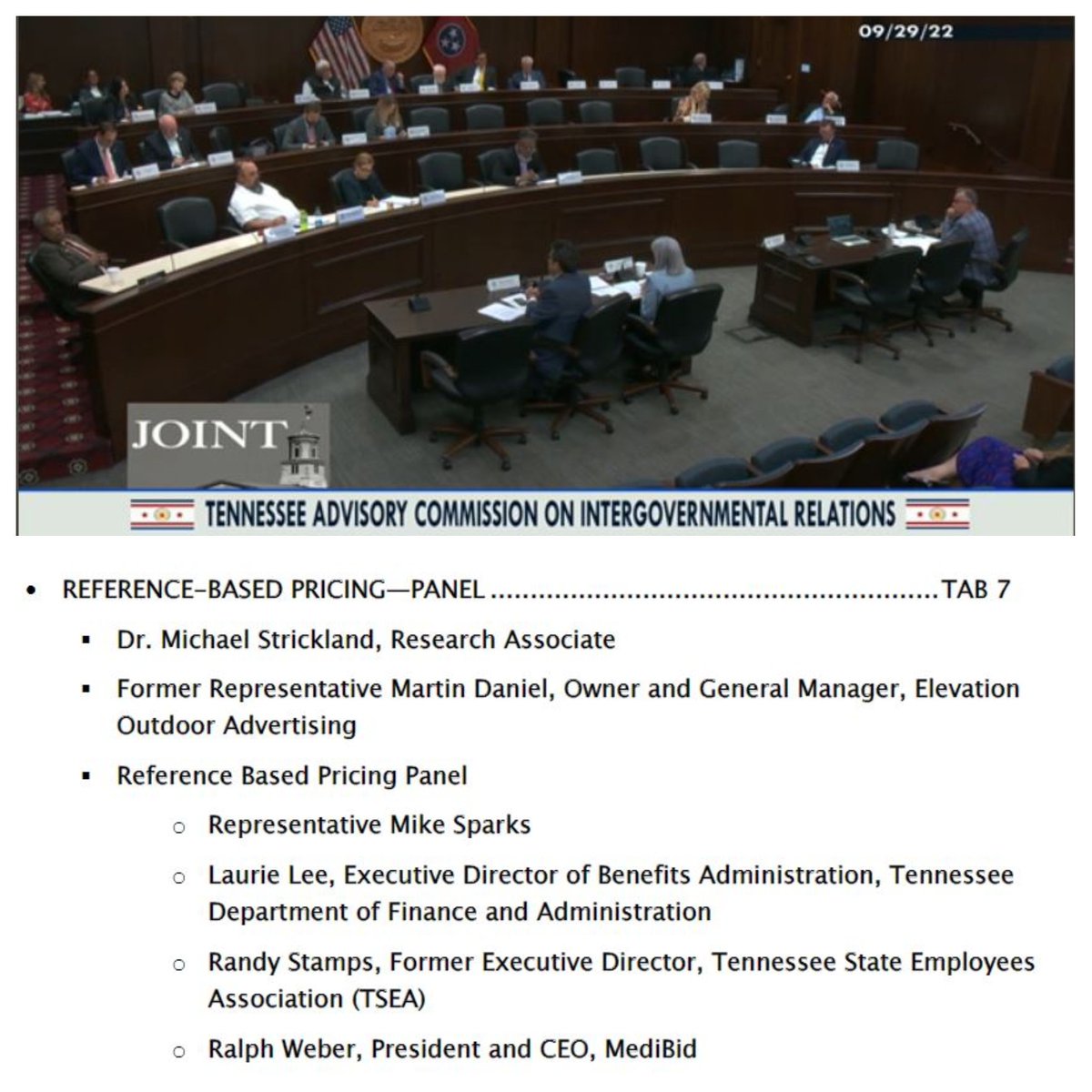 tseaonline's tweet image. Former TSEA Exec Dir. @randystamps spoke to the TACIR committee yesterday about reference-based pricing and #StateEmployees. We're grateful to Mr. Stamps for his continued support of state employees!

(NOTE: TSEA hasn't adopted a position on reference-based pricing at this time.)